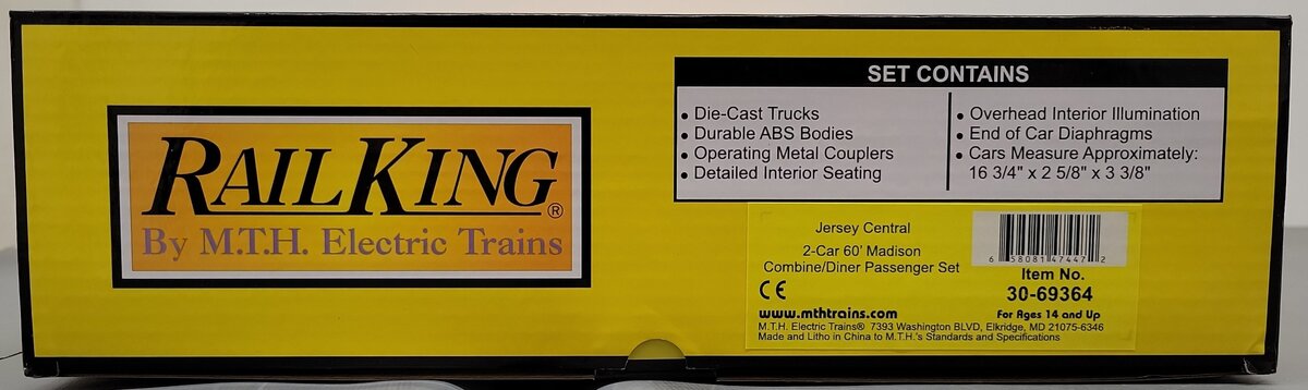 MTH 30-69364 O RailKing Jersey Central 2-Car 60’ Madison Combine/Diner Set NIB