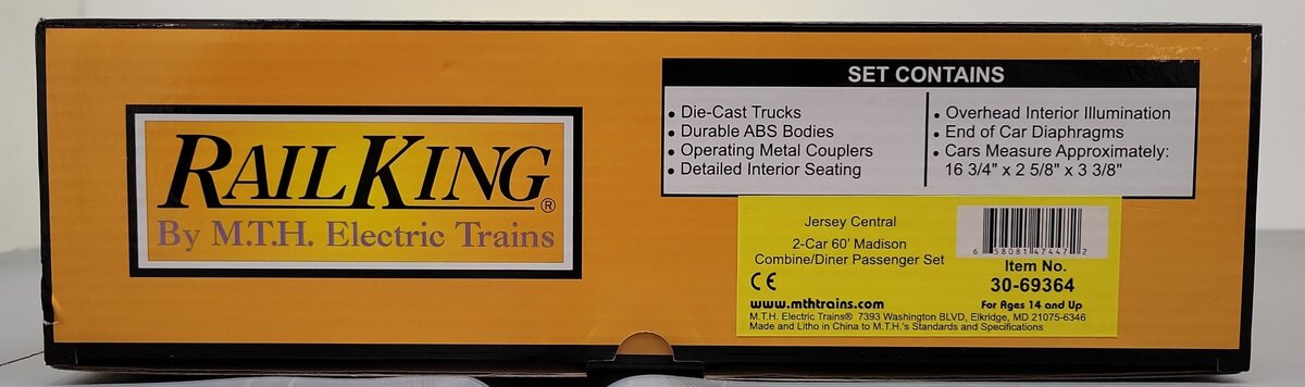 MTH 30-69364 O RailKing Jersey Central 2-Car 60’ Madison Combine/Diner Set NIB