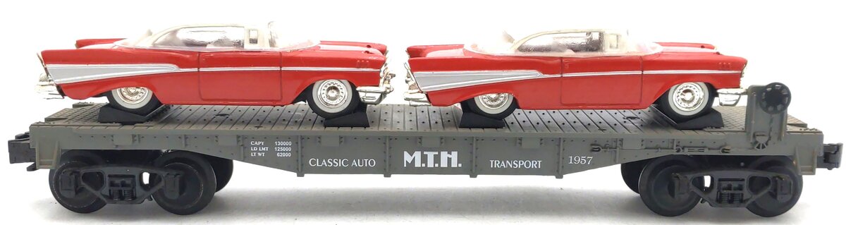 MTH 30-7610 O Gauge MTH Lines Flat Car with 2 Red Ertl '57 Chevys EX