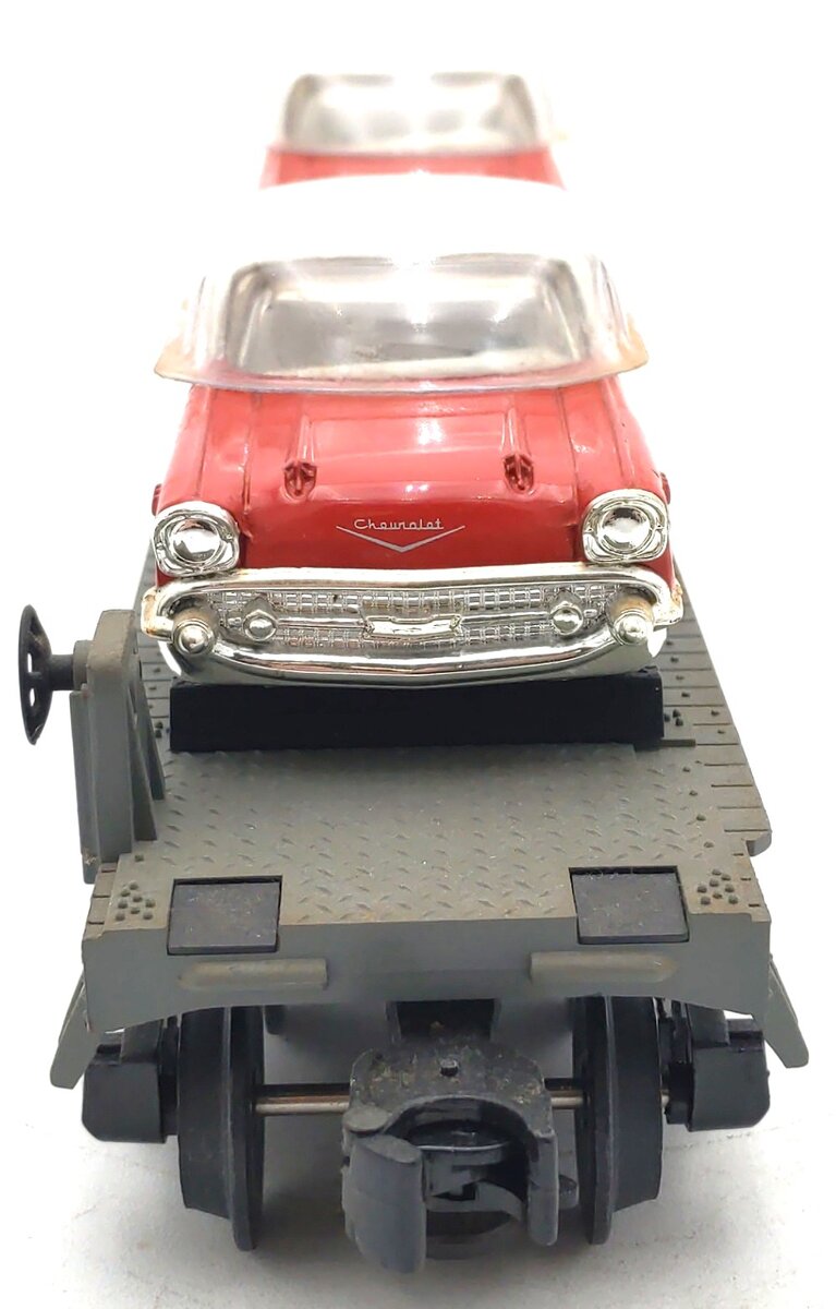 MTH 30-7610 O Gauge MTH Lines Flat Car with 2 Red Ertl '57 Chevys EX