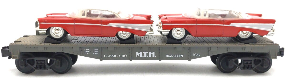 MTH 30-7610 O Gauge MTH Lines Flat Car with 2 Red Ertl '57 Chevys EX