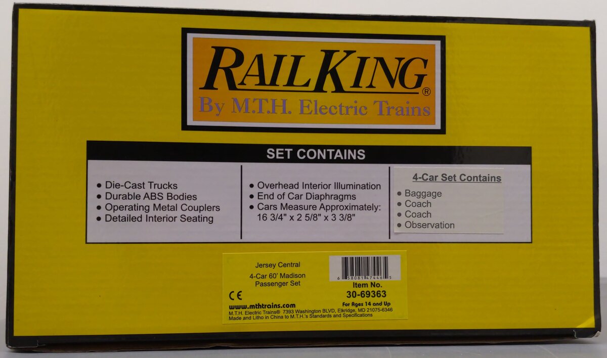 MTH 30-69363 O Gauge RailKing Jersey Central 4-Car 60’ Madison Passenger Set NIB
