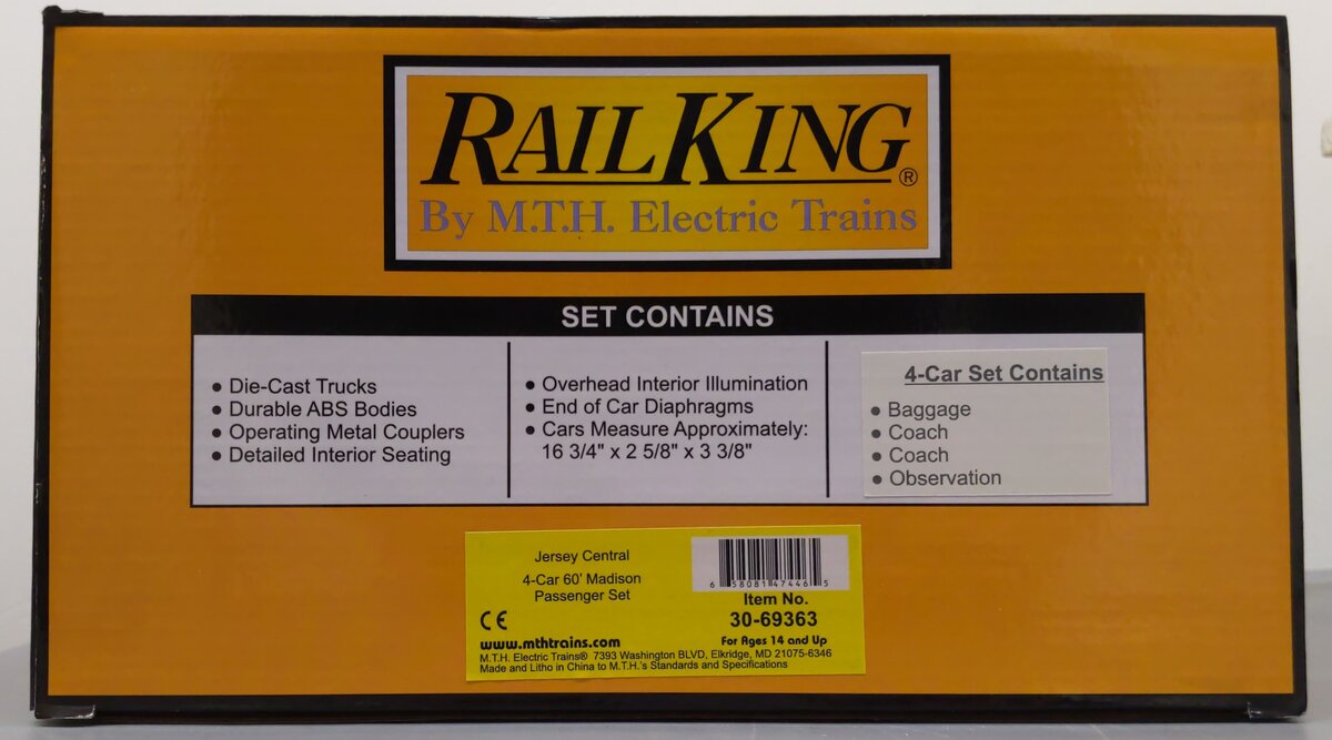 MTH 30-69363 O Gauge RailKing Jersey Central 4-Car 60’ Madison Passenger Set NIB
