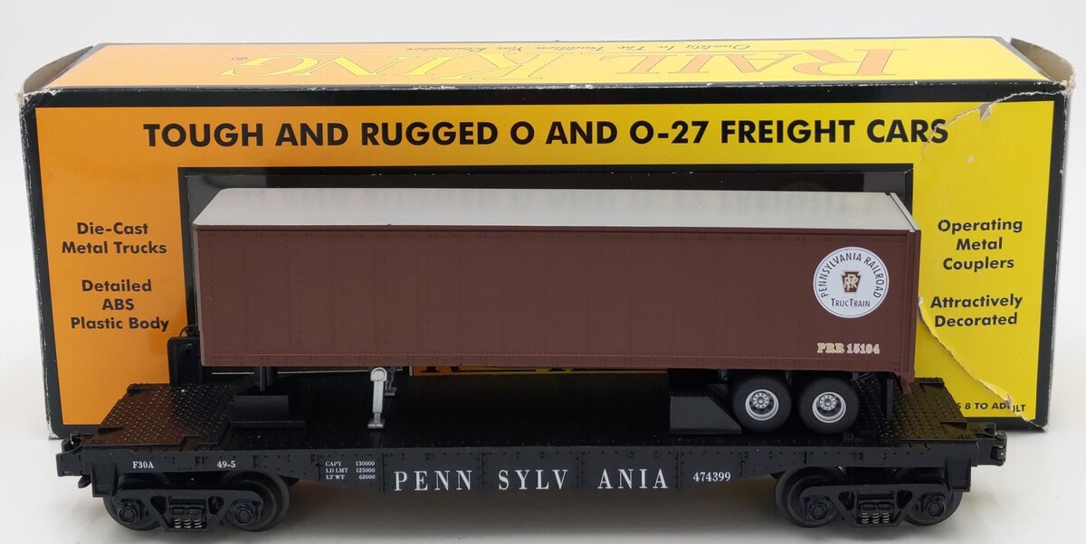 MTH 30-7626 O Gauge Pennsylvania Railroad Flatcar w/ Trailer #474399 LN/Box