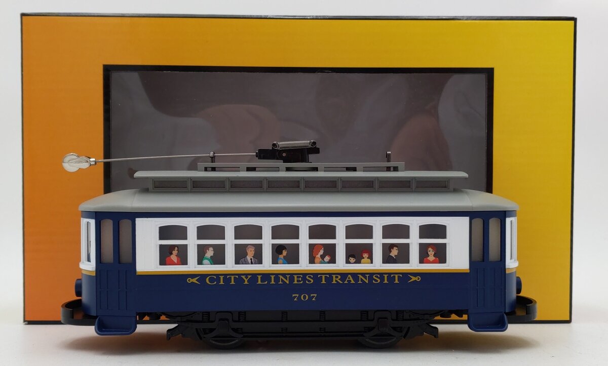 MTH 30-5257 O Gauge City Lines Bump-n-Go Trolley #707 LN/Box