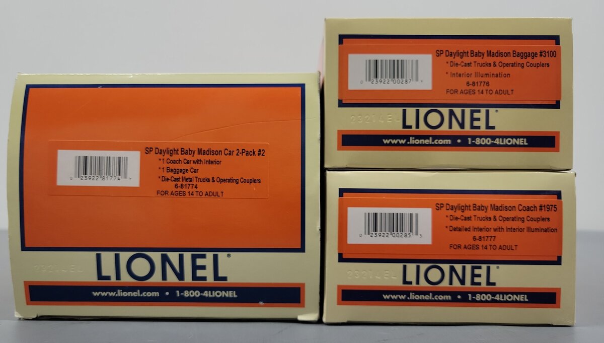 Lionel 6-81774 O Southern Pacific Daylight Madison Car Coach & Baggage 2-Pack EX/Box