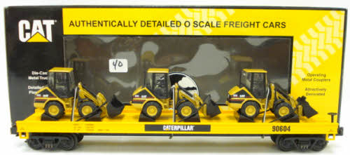 MTH 20-98358 O Gauge Caterpillar Flatcar with 3 Wheel Loaders LN/Box