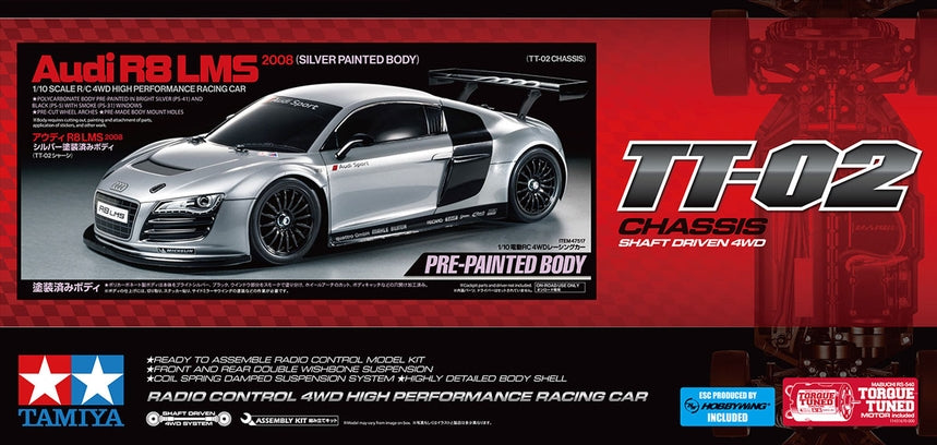 Tamiya 47517 1:10 RC Audi R8 LMS 2008 with TT02 Silver Painted Body