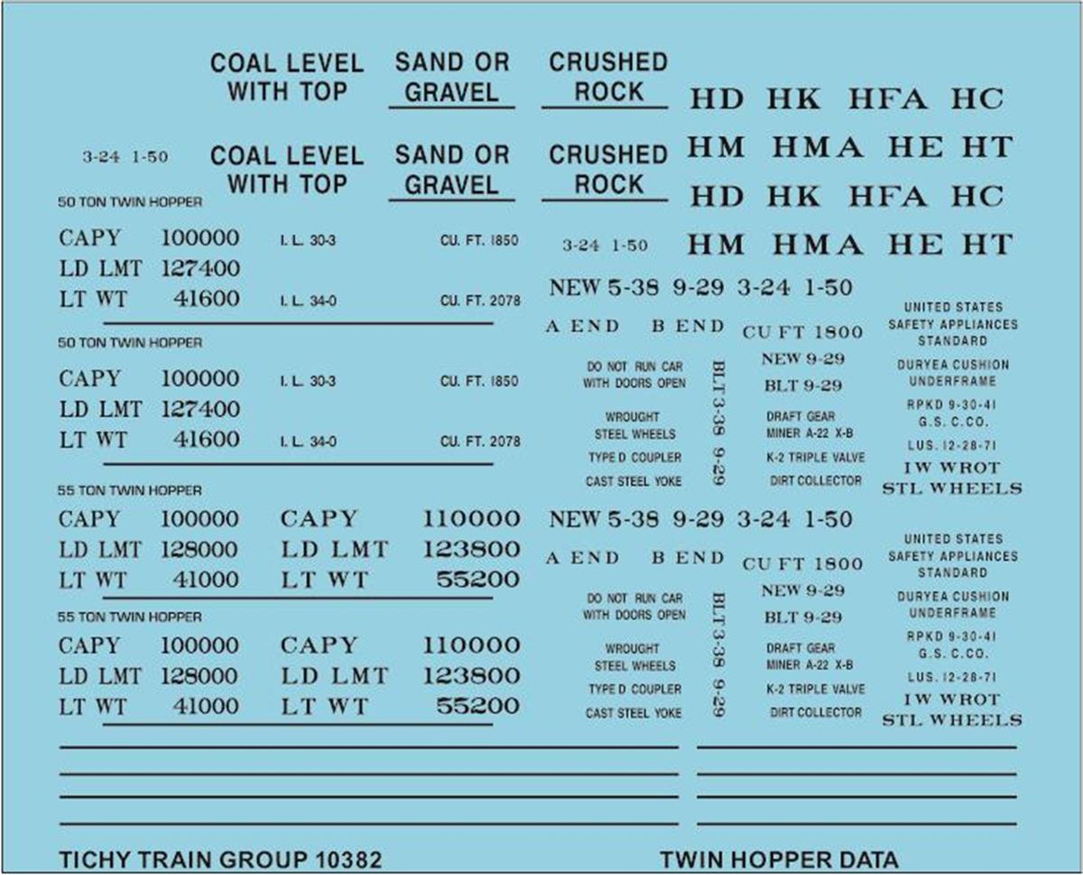 Tichy 10382 HO 2 Bay Hopper Data Black 50 & 55 Ton Decal Sheet