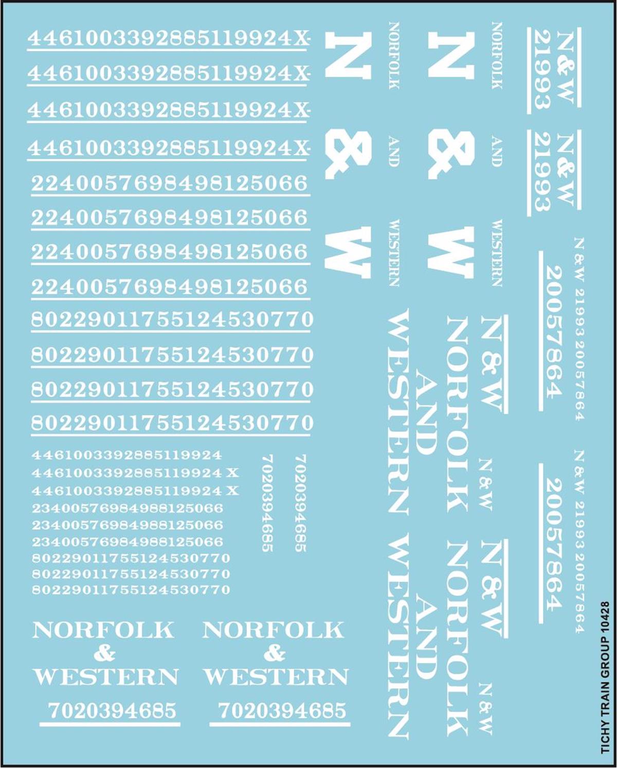 Tichy 10428 HO Norfolk & Western Roadname Set White Goth Decal Sheet