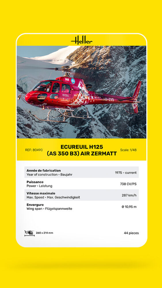 Heller 80490 1:48 Ecureuil H125 (AS 350 B3) Air Zermatt Helicopter Model Kit