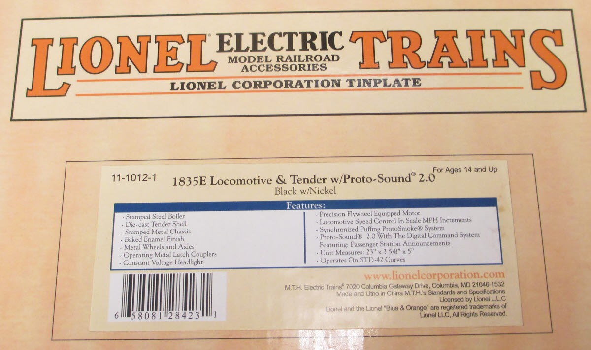 MTH 11-1012-1 Std. Gauge Lionel Lines Black 1835E Locomotive & Tender w/ PS2.0 LN/Box