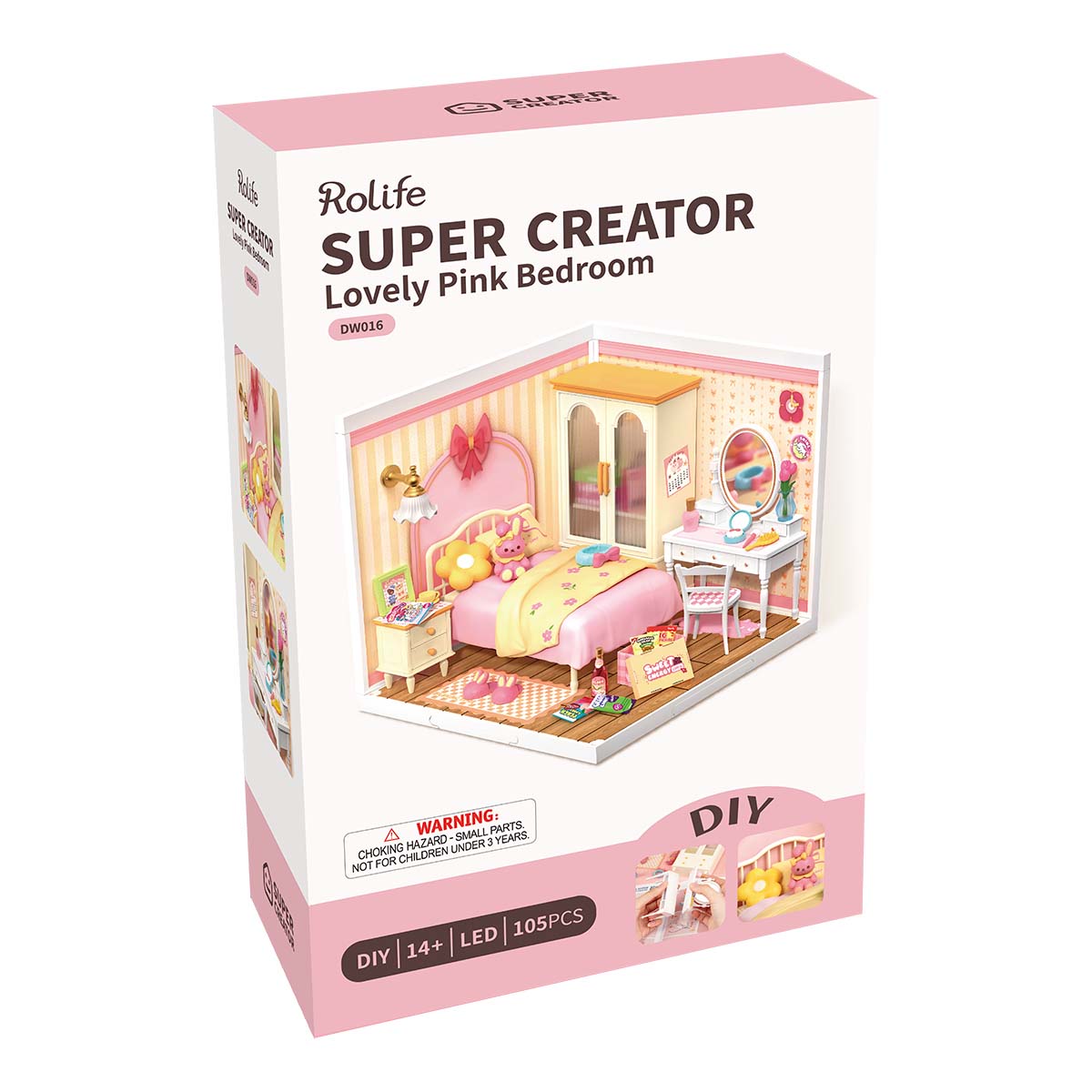 Robotime DW016 Rolife Lovely Pink Bedroom DIY Miniature House
