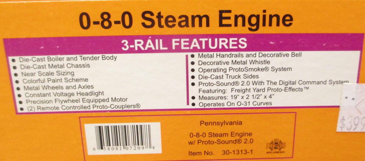 MTH 30-1313-1 Pennsylvania 0-8-0 Steam Loco & Tender w/PS2 #6556 LN/Box