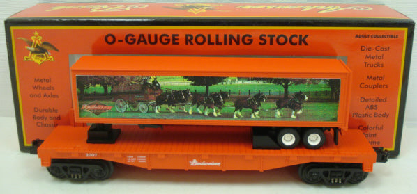 MTH 30-76242 O Gauge Budweiser Flat Car with Trailer NIB