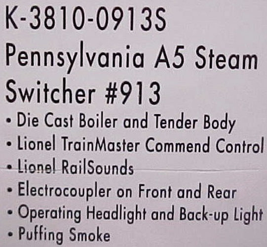 K-Line K-3810-0913S O Pennsylvania Railroad A5 Steam Switcher & Tender #913 LN/Box