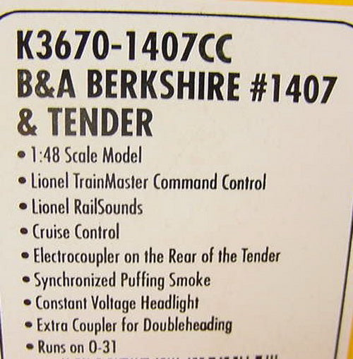K-Line K3670-1407CC Boston & Albany 2-8-4 Berkshire Steam Locomotive #1407 TMCC LN/Box