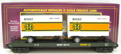 MTH 20-90010B O BNSF Flatcar w/ 20' Trailers LN/Box
