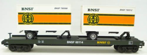 MTH 20-90010B O BNSF Flatcar w/ 20' Trailers LN/Box