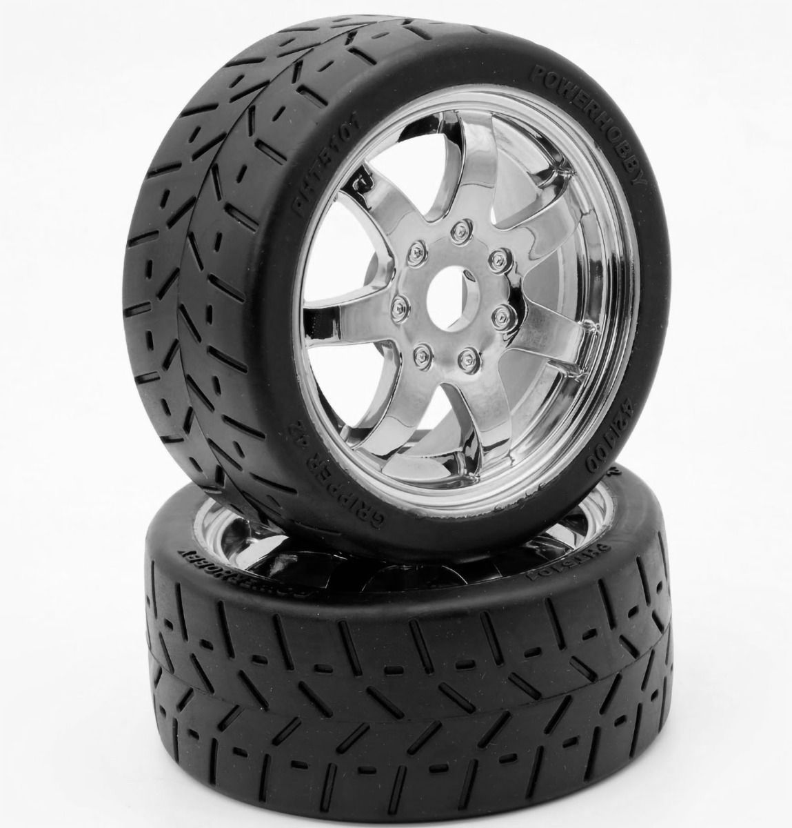 Power Hobby PHT5101-Chrome 1:8 Gripper 42/100 Belted Mounted Tires Chrome Wheels