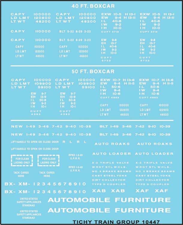 Tichy 10447 HO 40', 50' Boxcar White Gothic Lettering Data Decal Sheet Set
