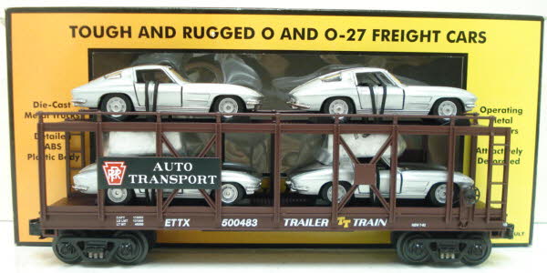 MTH 30-76064 O Pennsylvania Auto Carrier Flatcar w/ Four 1963 Corvettes #500483 LN/Box