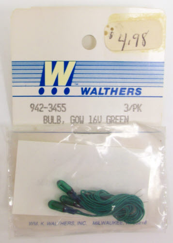 Walthers 942-3455 16 Volt Transparent Green GOW Light Bulb (Pack of 3)