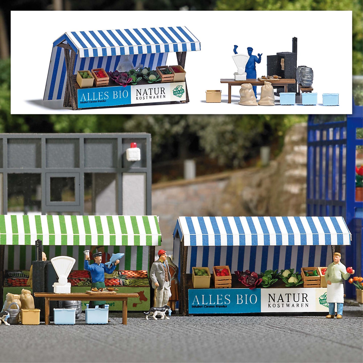 Busch 1823 HO Market Stalls Organic Vegetables & Smoked Fish Kit