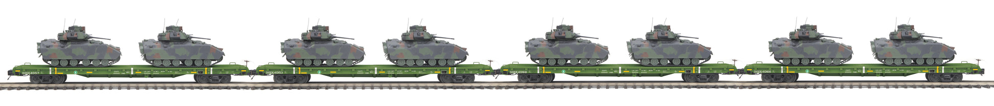 MTH 20-92241 O U.S. Army 60' Flat Car Set w/Bradley Fighting Vehicles (Set of 4)