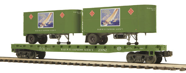 MTH 20-98599 O Gauge Railway Express Agency Flat Car #23089 w/ 2 PUP Trailers
