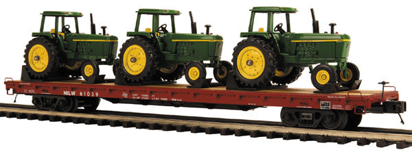MTH 20-98643 O Milwaukee Road 60' Flat Car w/ 3 John Deere 4230 Tractors #61039