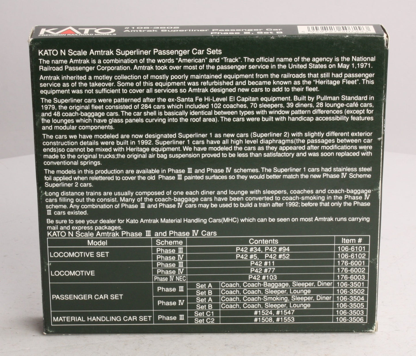 Kato 106-3502 N Amtrak Phase III Superliner Passenger Cars (Set of 4) - Set B