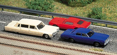 Busch 6001 HO Cars 74Pontiac TransAM 65Dodge Monaco 66Cadilac Sedan (Pack of 3)