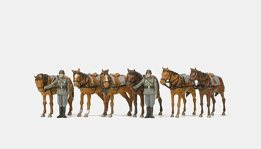 Preiser 16597 HO Standing Draught Horses & Soldiers Figure Kit (Set of 8)