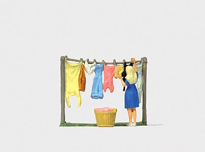 Preiser 28110 HO Scale Laundry Day Woman Hanging Clothes on Line
