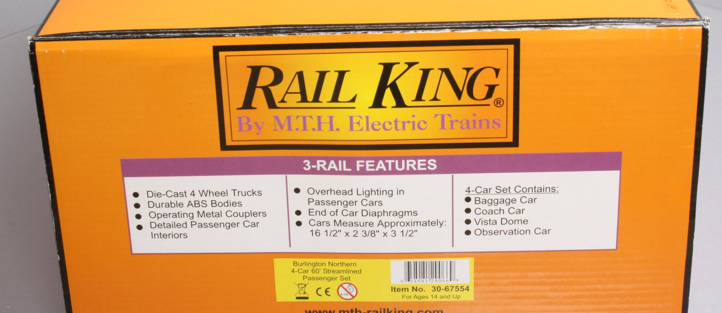 MTH 30-67554 Burlington Northern 60' Streamlined ABS 4-Car Passenger Set