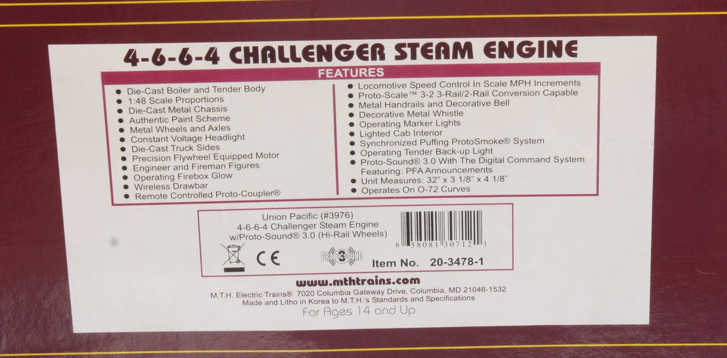 MTH 20-3478-1 Union Pacific 4-6-6-4 Challenger Steam Engine w/PS3.0 #3976