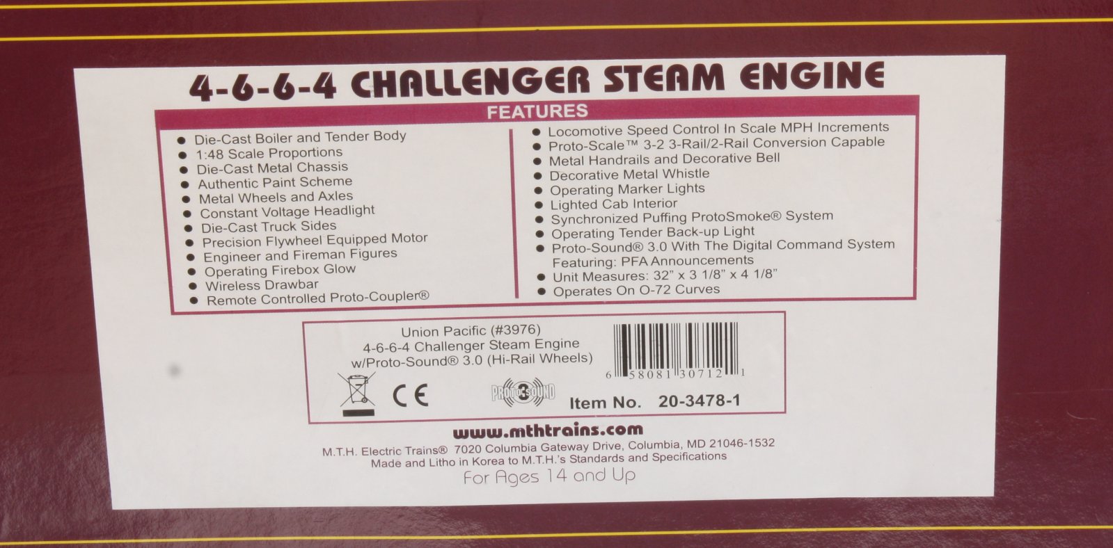 MTH 20-3478-1 Union Pacific 4-6-6-4 Challenger Steam Engine w/PS3.0 #3976