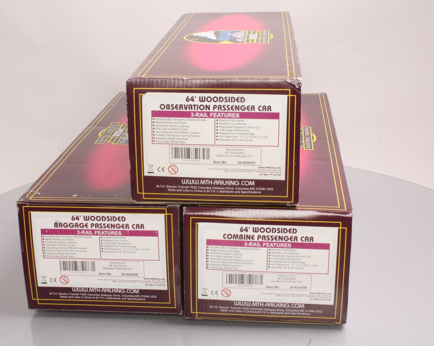 MTH 20-62043 O Pennsylvania 64' Woodsided Passenger Add-On Set (Set of 3)