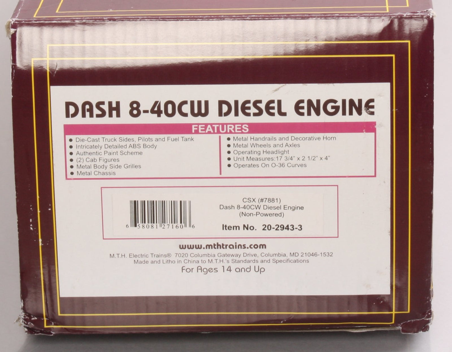 MTH 20-2943-3 CSX Dash-8 Non-Powered Diesel Engine #7881