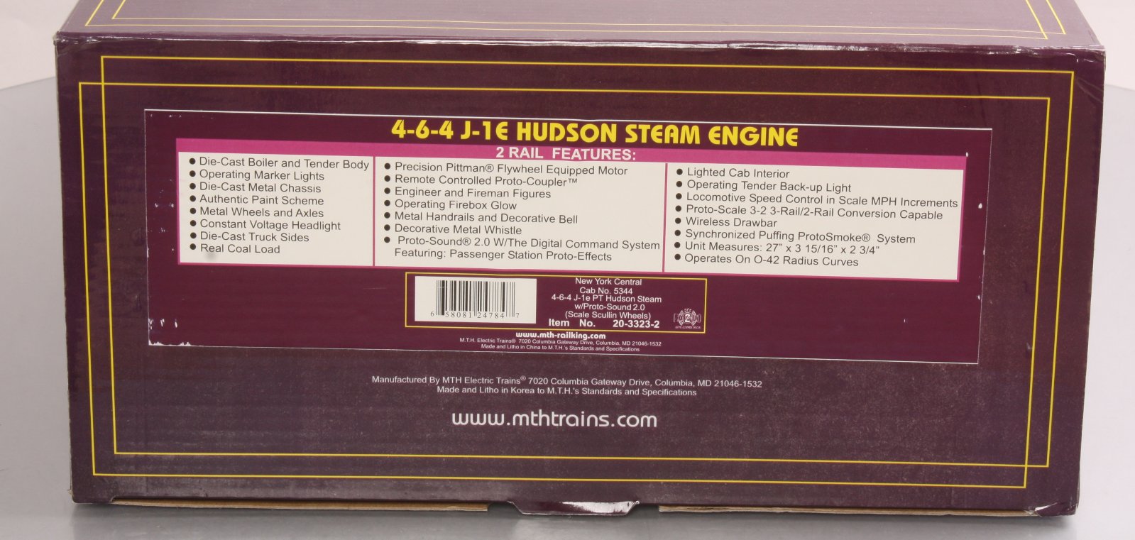 MTH 20-3323-2 New York Central 4-6-4 J-1e PT Hudson Steam Locomotive #5344 w PS2