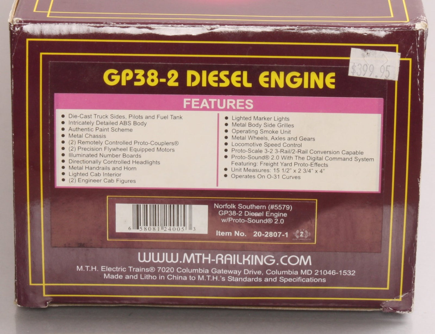 MTH 20-2807-1 Norfolk Southern GP38-2 Diesel Engine with PS 2.0 #5579