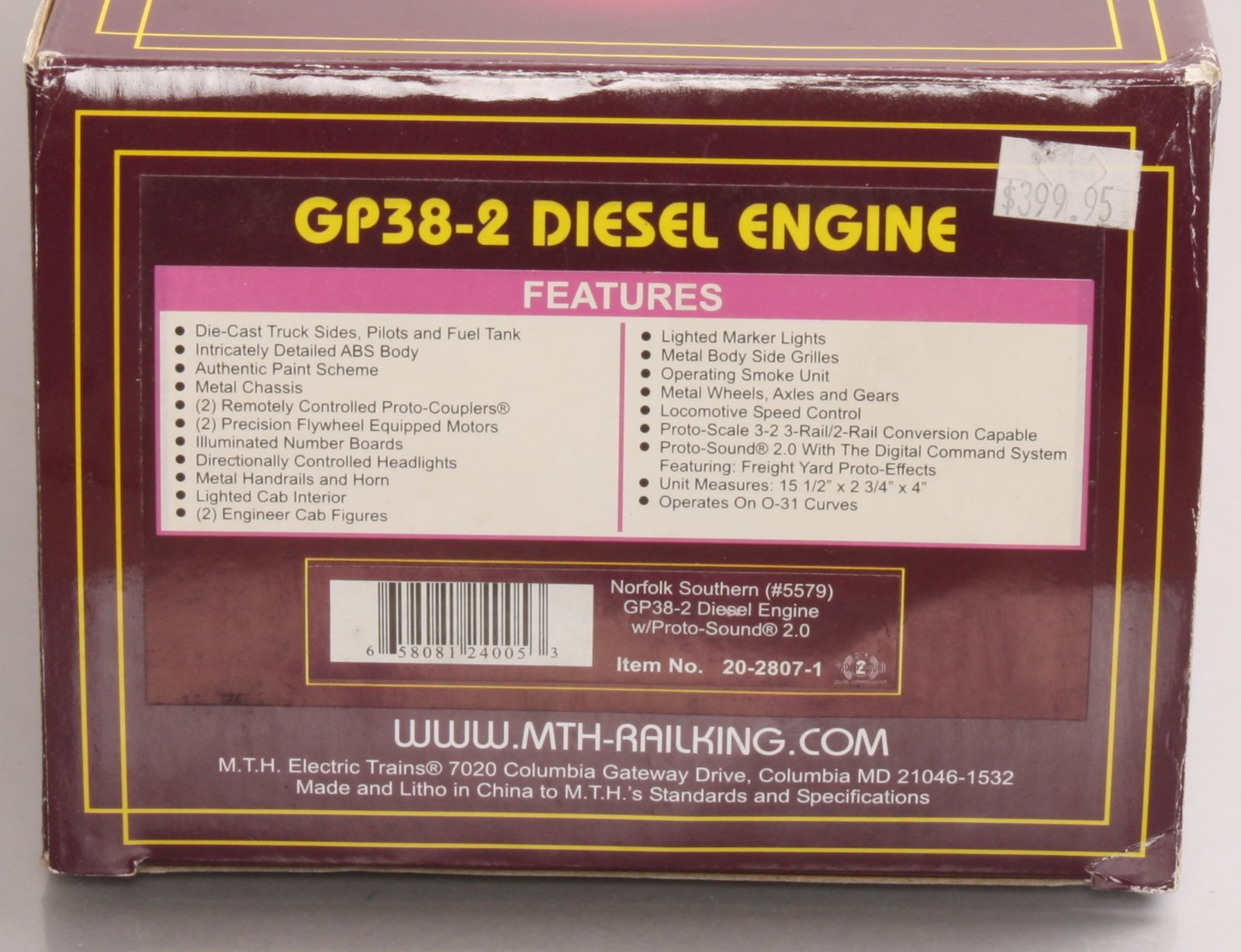 MTH 20-2807-1 Norfolk Southern GP38-2 Diesel Engine with PS 2.0 #5579