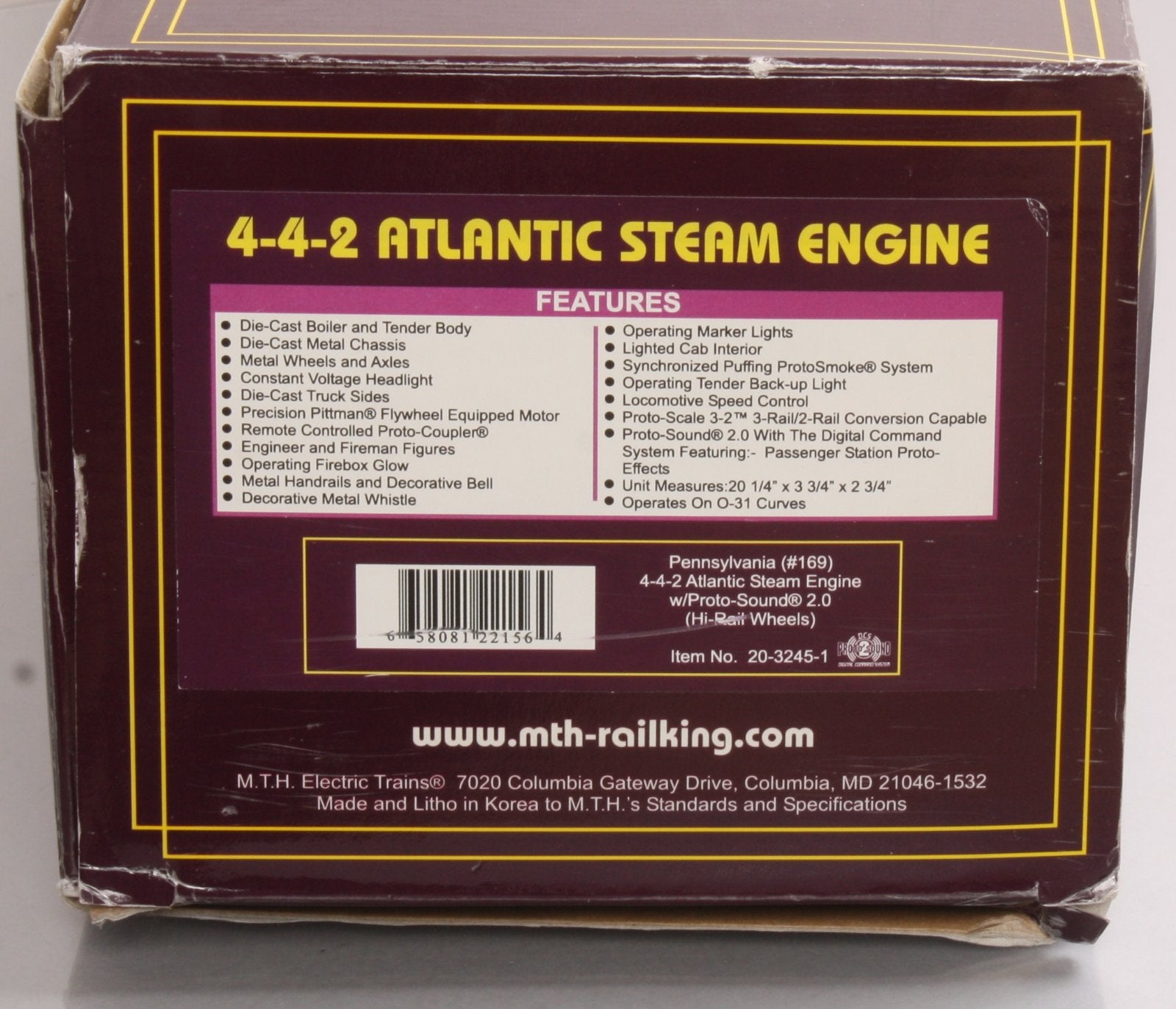 MTH 20-3245-1 Pennsylvania 4-4-2 Atlantic Steam Engine w/ P-S 2.0 Hi-Rail #169
