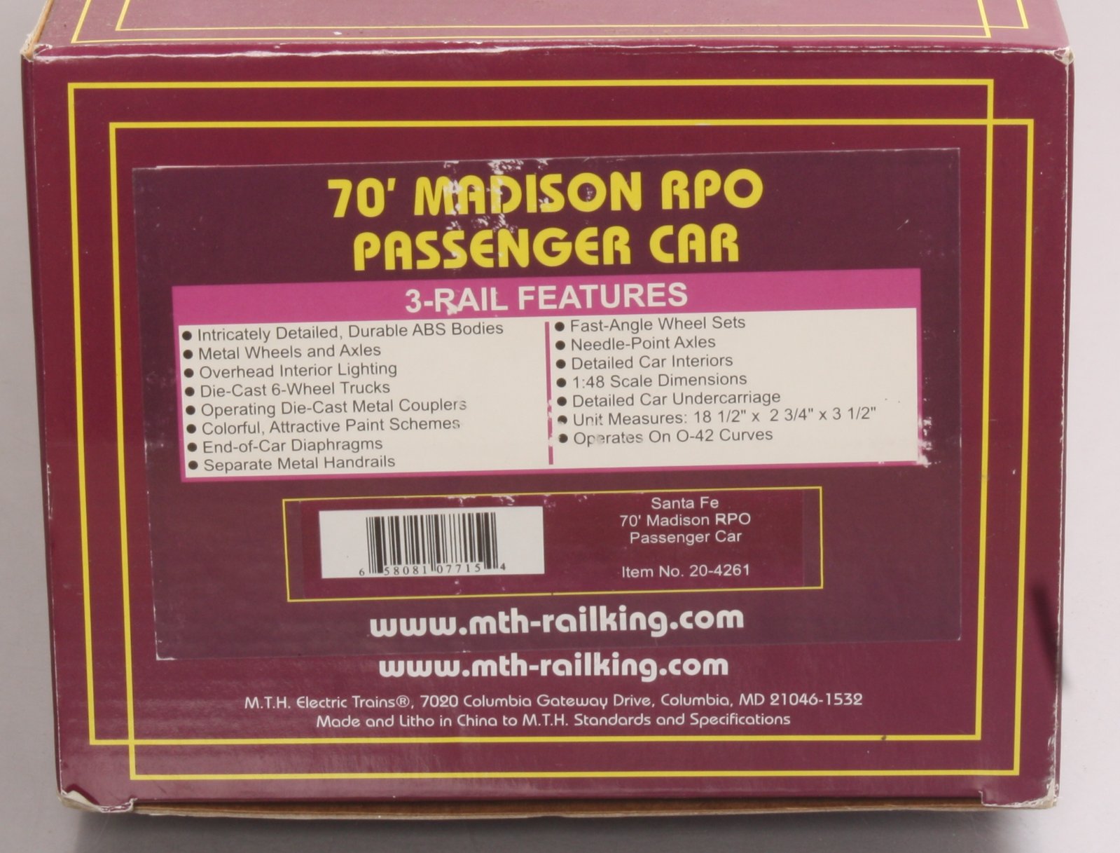 MTH 20-4261 O Gauge Santa Fe 70' Madison RPO Passenger Car #74