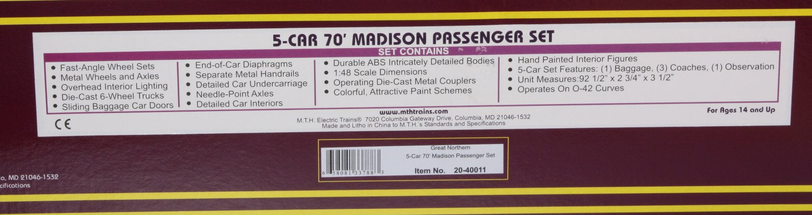 MTH 20-40011 O Great Northern 70' Madison Passenger Car Set (Set of 5)