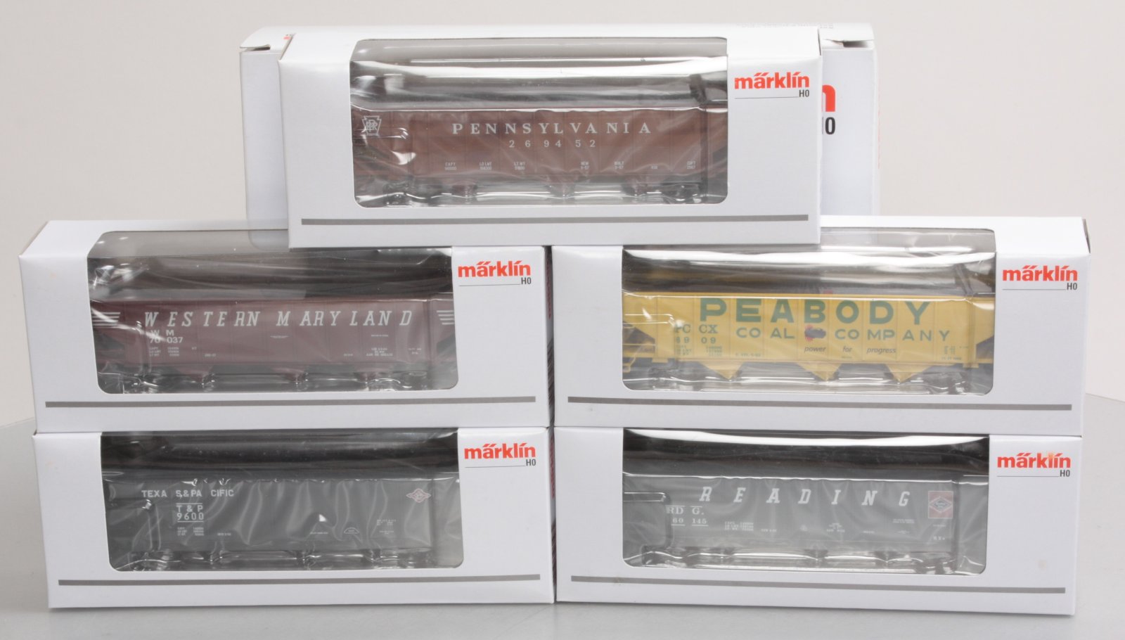 Marklin 45654 HO Scale 5-Car Hopper Set (T&P, Peabody, WM, PRR, Reading)
