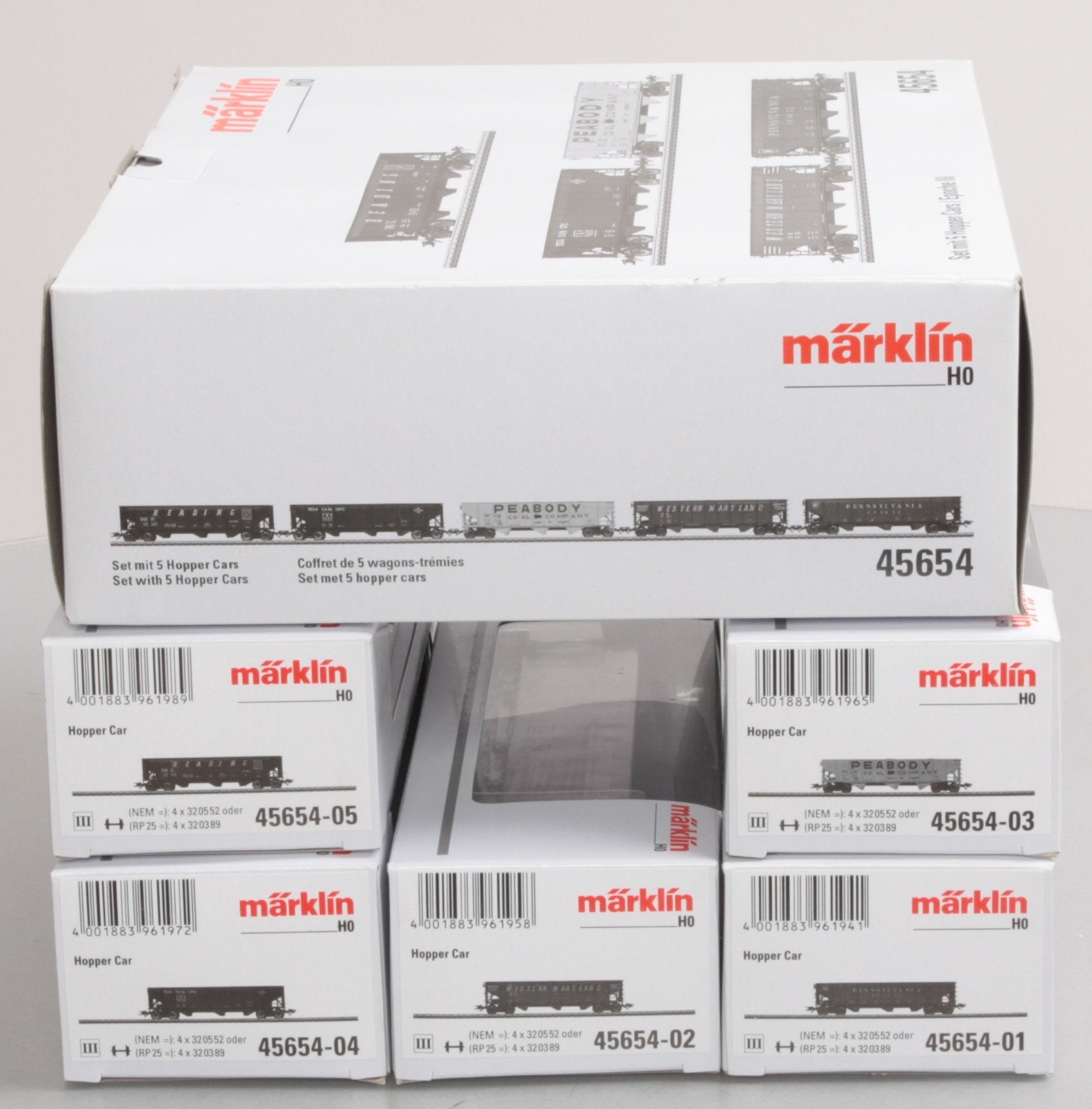 Marklin 45654 HO Scale 5-Car Hopper Set (T&P, Peabody, WM, PRR, Reading)