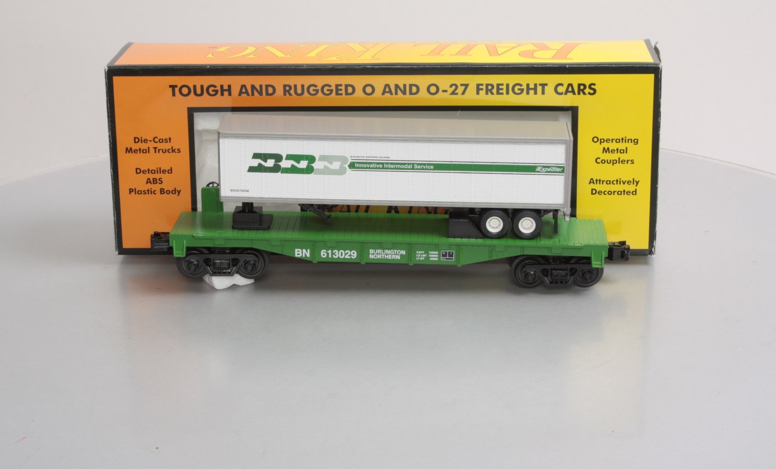 MTH 30-76512 O BN Flatcar w/ Trailer