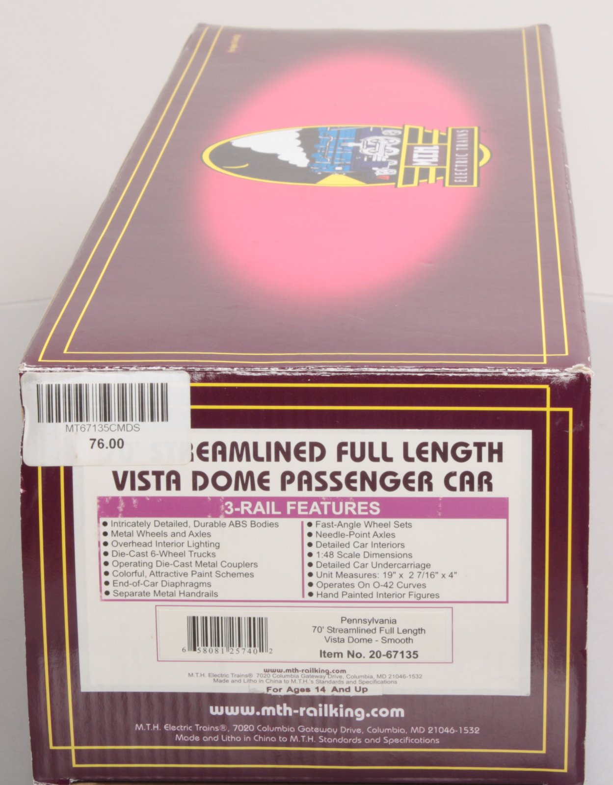 MTH 20-67135 Pennsylvania 70’ ABS Full Length Vista Dome Passenger Car Smooth V2